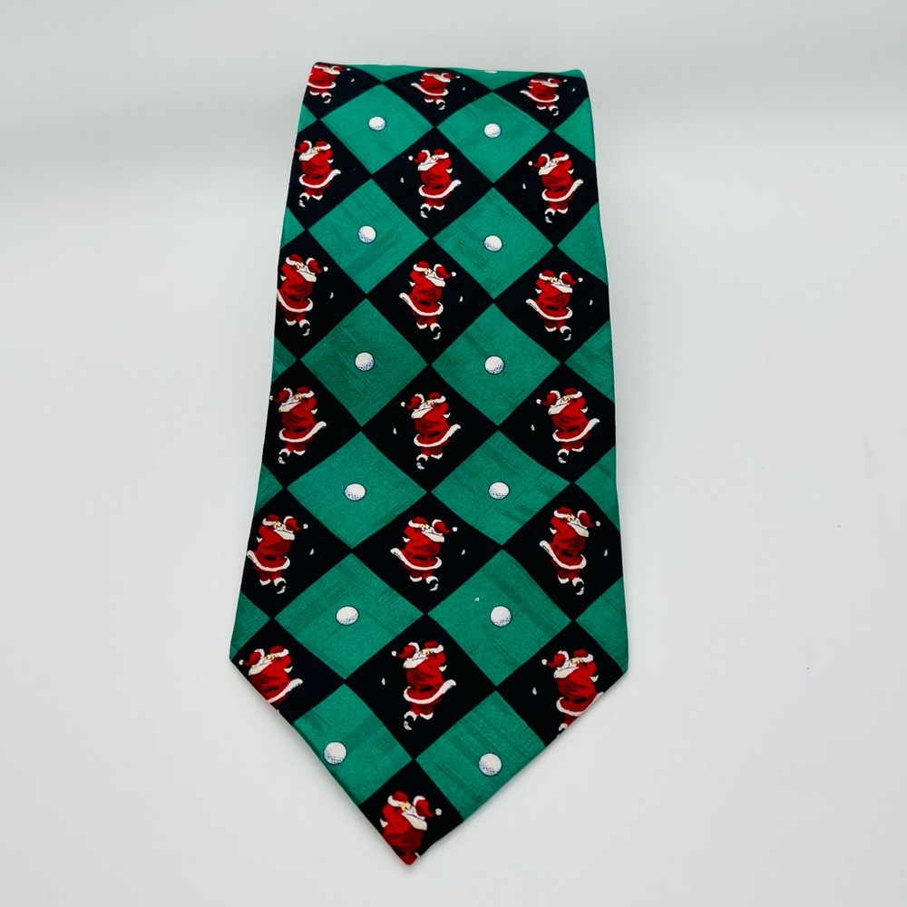 Vtg Silk Neck Tie Handmade American Greetings Christmas Men’s Golfer Santa